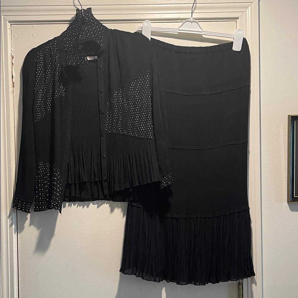 Bala Bala Chic Black Pleated White Polka Dot 3 Piece Skirt Set